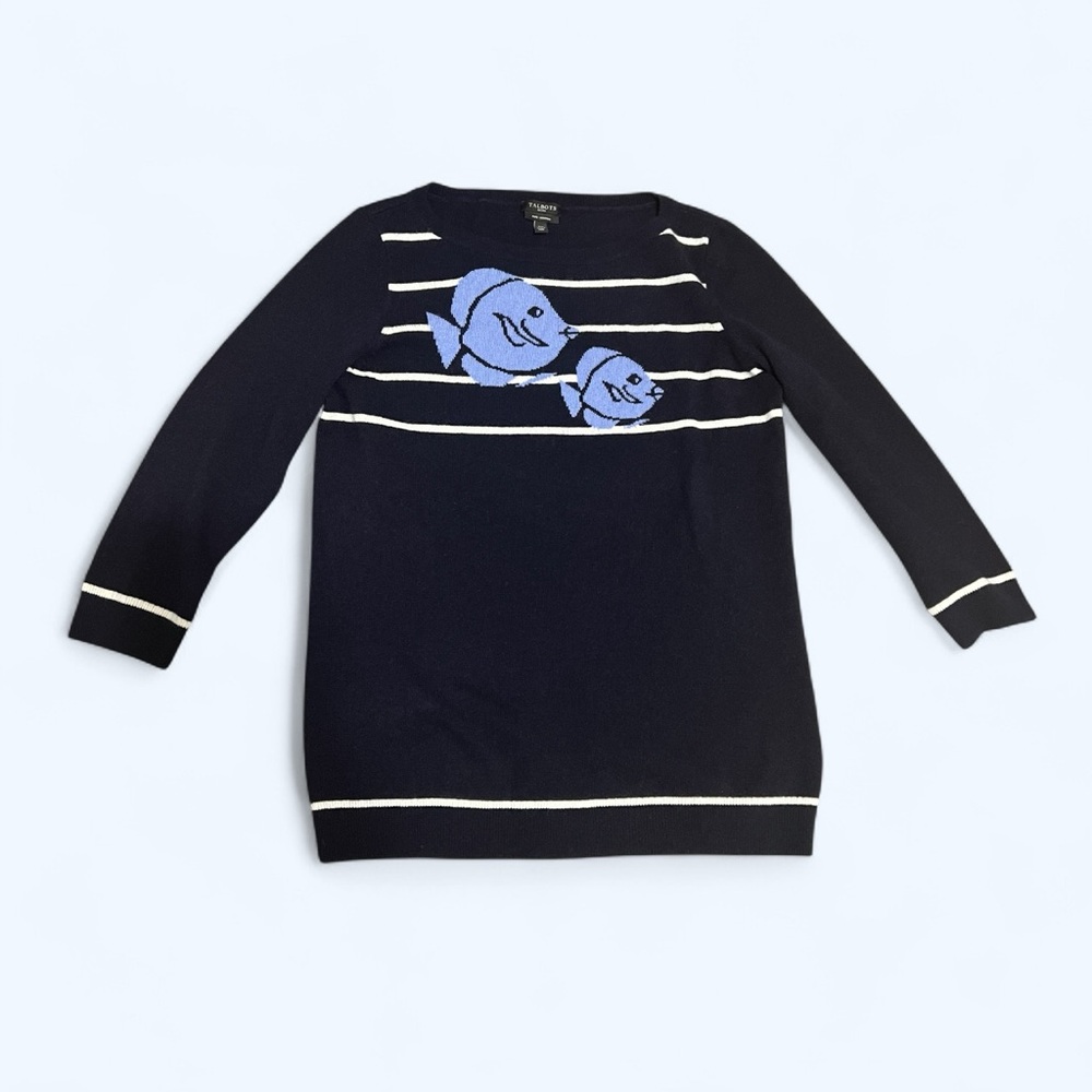Talbots Cashmere Fish Intarsia Knit Striped Sweater Petite Medium Navy Blue